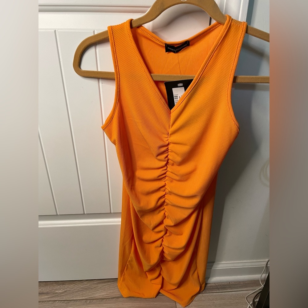 Petite Orange Ribbed Ruched Racer Dress
